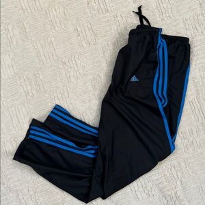 Adidas track pants, black with blue stripes, Size Medium